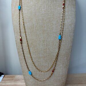 Vintage Avon Gold-Tone Two Necklaces With Faux Turquoise & Coral Beads, Boho